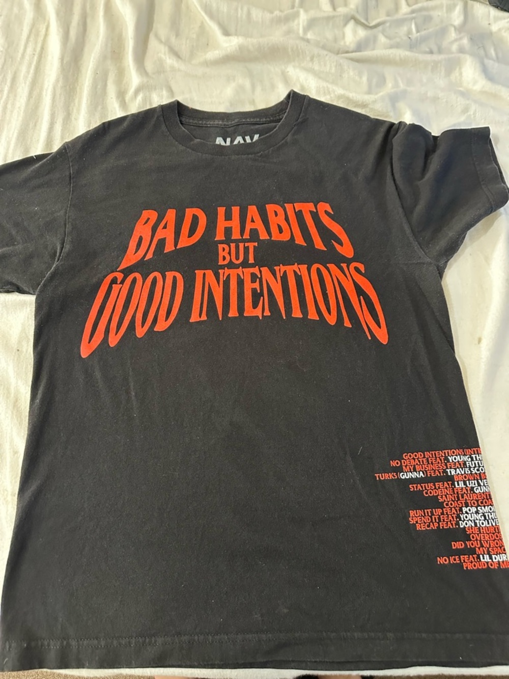 Black Graphic Tee with Red 'Bad Habits But Good Intentions' Print